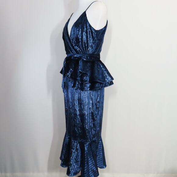 Yumi Kim Midnight Winkle Blue Metallic Striped Velvet Dynasty Dress Size Small - Picture 3 of 9